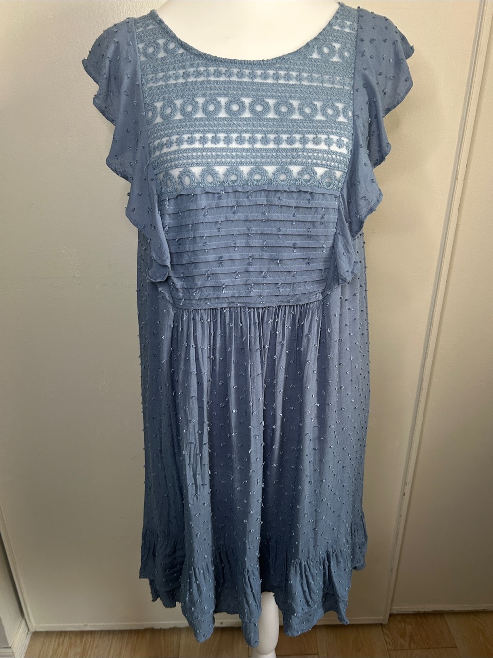 Free People Shortcake Dusty Blue Swiss Dot Lace Panel Cut Out Back Mini Dress